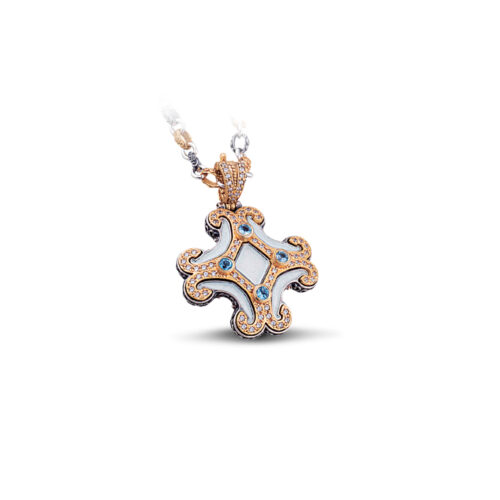 Pendant with white enamel, Swiss blue topaz, zircon stones and tricolor chain