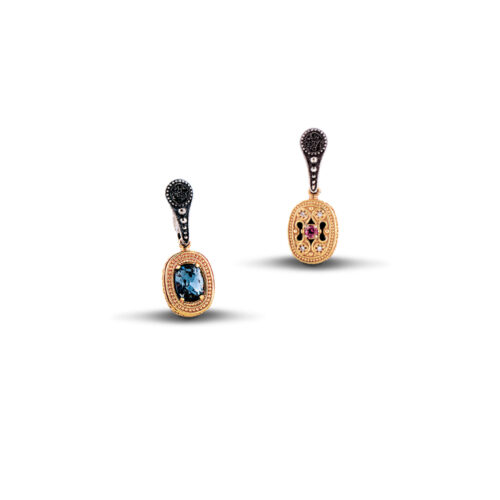 Reversible earrings with Swarovski crystals and semi precious gemstones