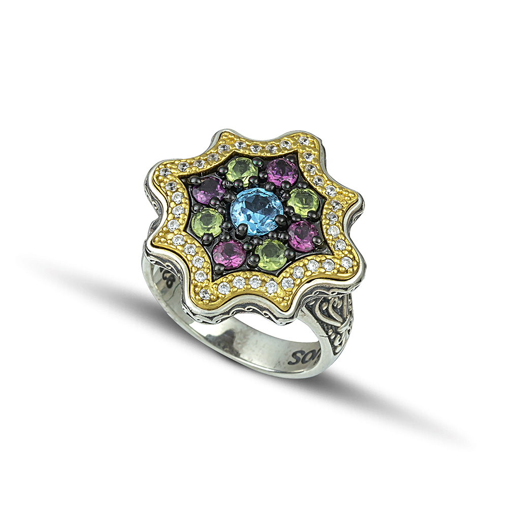 Silver Ring with Zircon and Semi-Precious Stones D113