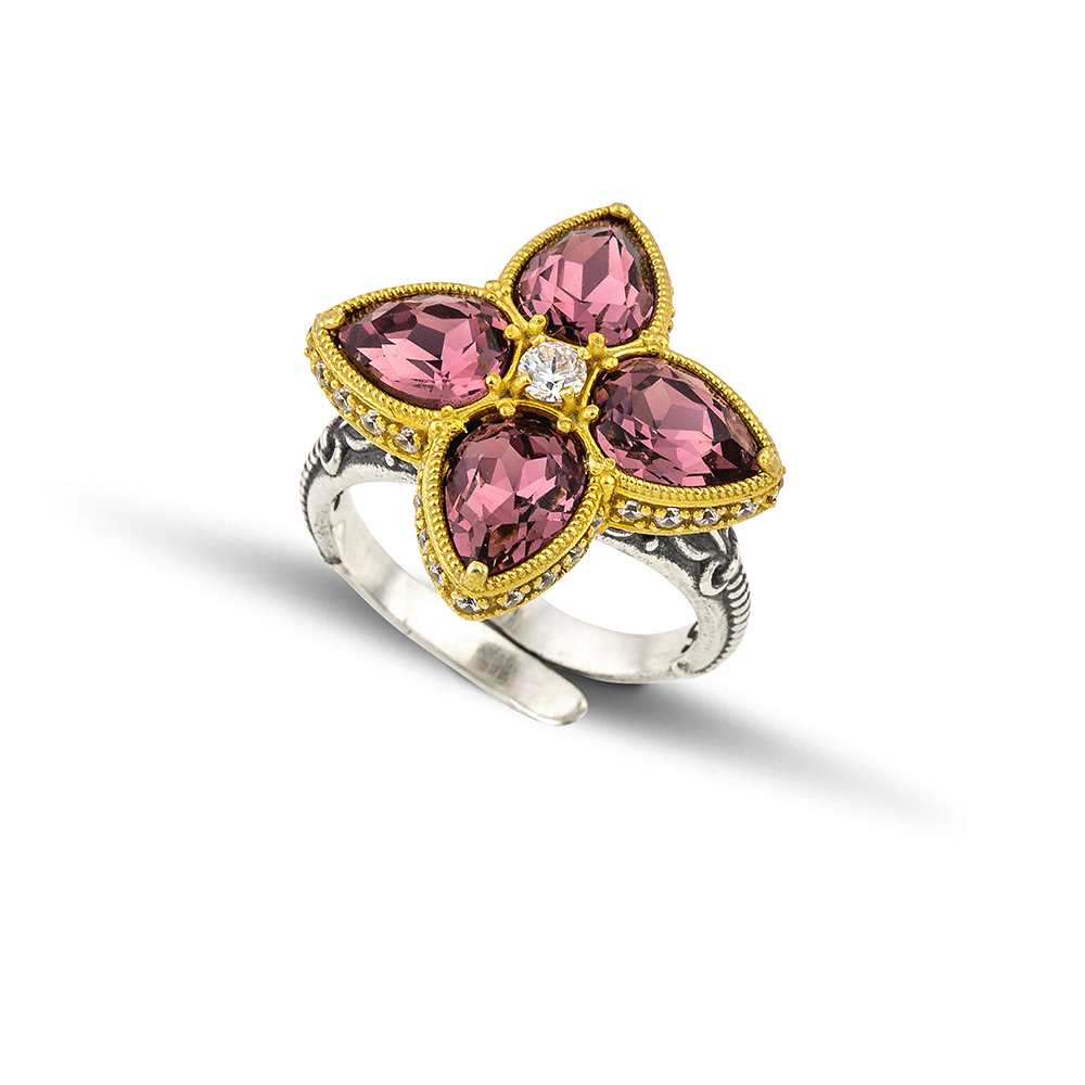 Floral Cocktail Ring with Swarovski Teardrop Shape and Zircon D156