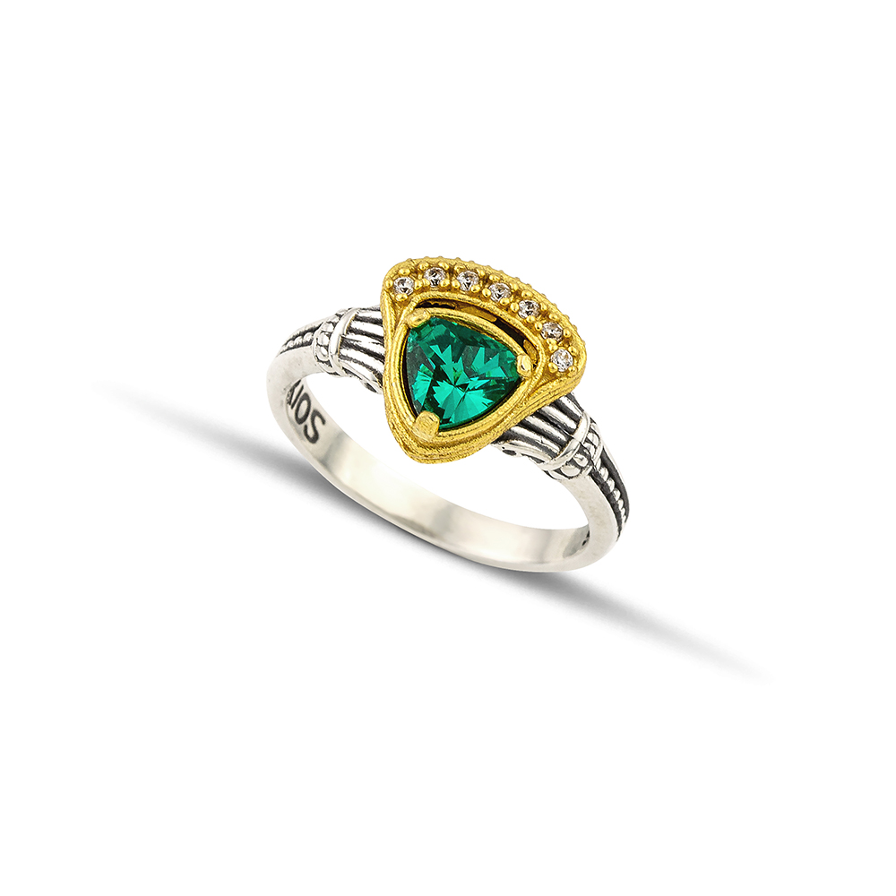 Solitaire Ring Small Cocktail Ring with Triangular Cat Eye and Zircon D165-1