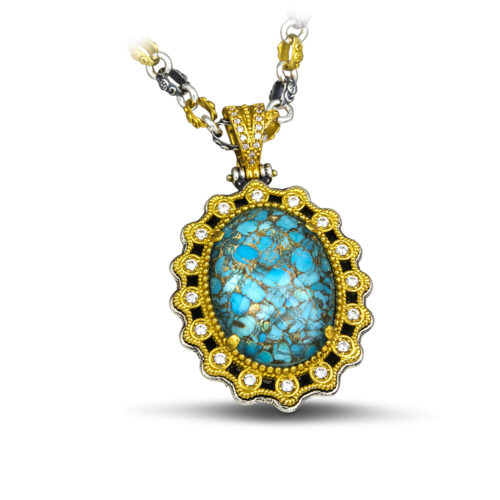 Silver Pendant with Semi-Precious Stone and Two-Tone Chain M115