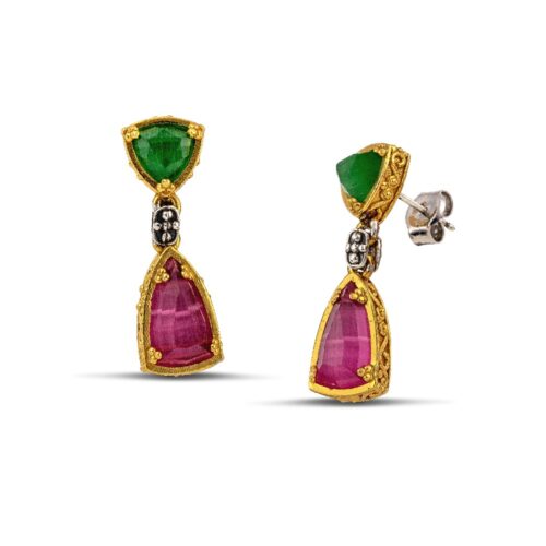 Studded Silver Earrings with Cat Eye Stones S185-2