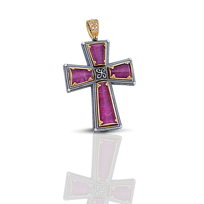Silver Cross with Cat Eye Stones C4
